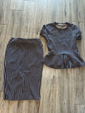 Zara Navy and White Striped Peplum Top and Pencil Skirt Set